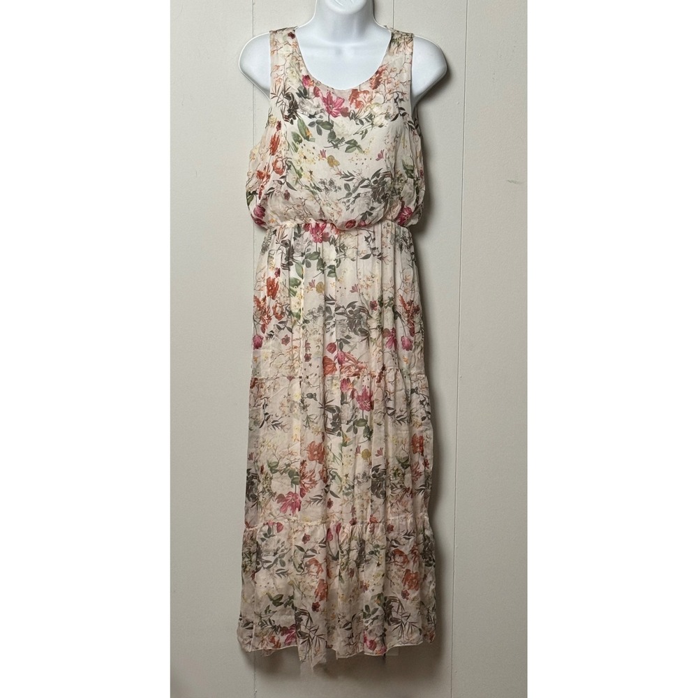 Lara G. Italy Silk Blend Floral Maxi Dress Sleeveless Tiered Cream Size Small